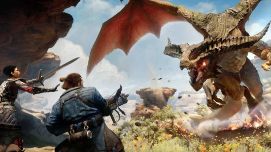 Best open world games: Two characters attacking a dragon flying towards them in Dragon Age Inquisition.