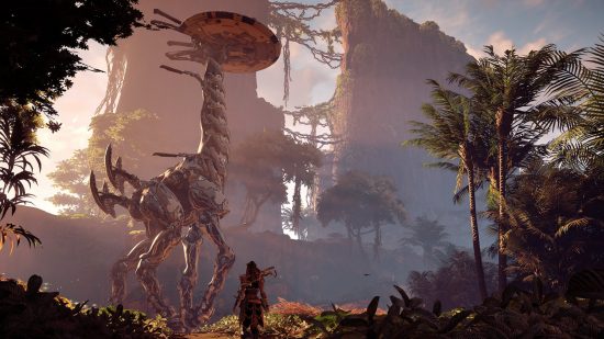 Best open world games: Aloy in the distance standing at the foot of a tall Long Neck robot dinosaur in Horizon Zero Dawn.