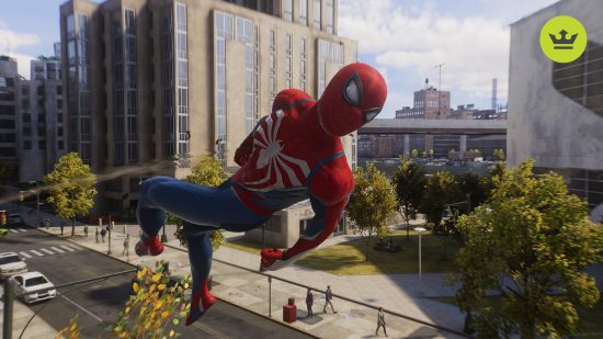 Best open world games: Peter Parker as Spider-Man doing a spin in the air in Marvel's Spider-Man 2 game
