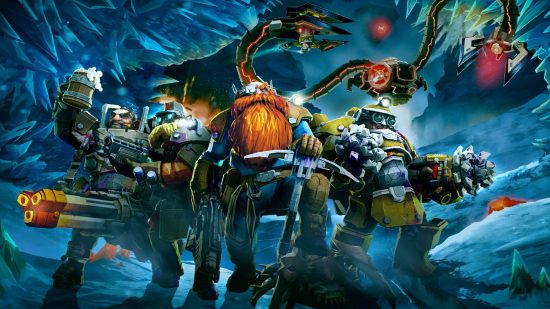 Best PS5 co-op games: Four dwarves facing something off camera in Deep Rock Galactic key art