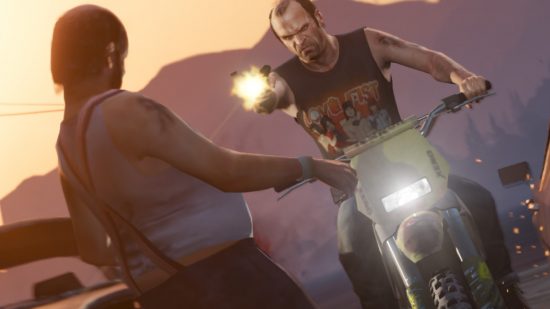 Best PS5 open world games: Trevor from GTA V shooting at someone while riding a motocycle