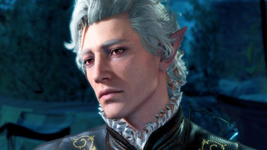 Best PS5 RPGs: A man with pointed ears, a red scar on his forhead, and elegant white hair 