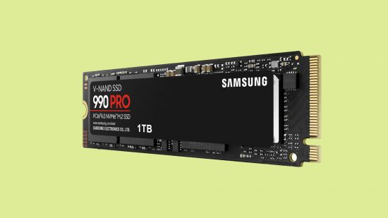 Best PS5 SSD: The Samsung 990 Pro SSD against a light green background.