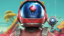 Best PS5 survival games: No Man's Sky astronaut in red suit in front of a No Mans Sky background