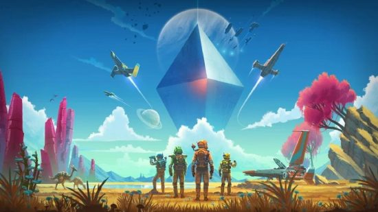 Best PS5 survival games: Four space explorers on a planet looking at a large diamond in the sky in No Man's Sky artwork