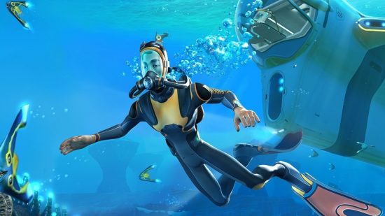 Best PS5 survival games: Main character in a diving suit in Subnautica key art
