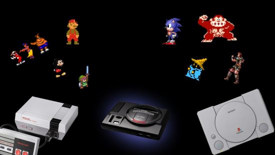 Best retro games consoles: image shows several consoles, alongside a number of iconic game characters.