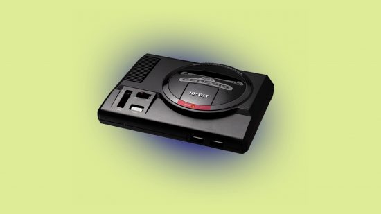 Best retro games consoles: Sega Genesis Mini. Image shows the console with a slight blue glow.