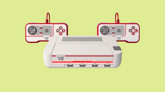 Best retro game consoles: Evercade VS with two controllers behind it in front of a green background