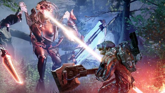 Best Soulslike games: Main character fighting a robot shooting a laser at them in The Surge 2