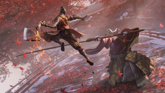Best soulslikes: Wolf jumping above while fighting a boss in Sekiro