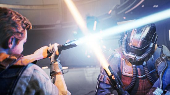 Best soulslikes: Cal Kestis clashing lightsabers with a hunter in Star Wars Jedi Survivor