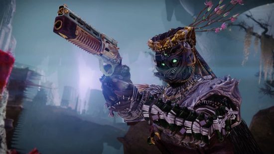 Best space games: A Hunter wearing bone-like armor and holding a weapon at the ready in Destiny 2.