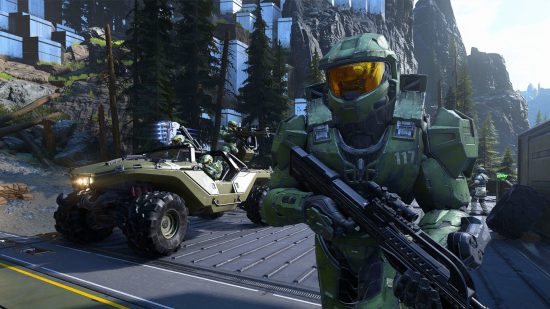 Best space games: Master Chief running towards the camera with a warthog behind him in Halo Infinite.