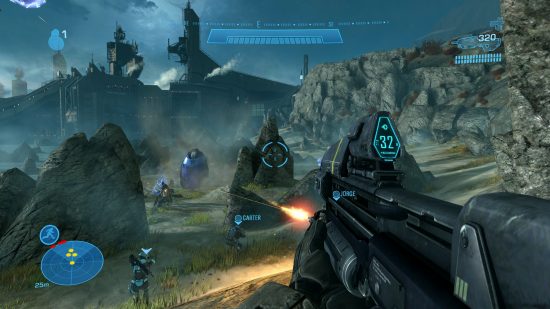 Best space games: A Spartan holding an assault rifle while enemies approach in a grassy environment in Halo The Master Chief Collection.