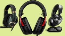 Best wired gaming headset: From left to right, the EPOS H6Pro, the HyperX Cloud III, and the SteelSeries Arctis Nova Pro headsets against a lime green background.