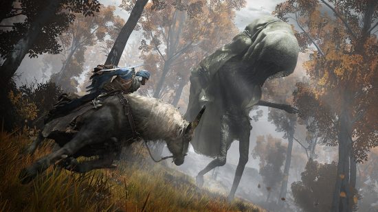 Best Xbox games: A knight on a horse, riding next to a large monster walking in the background in Elden Ring.