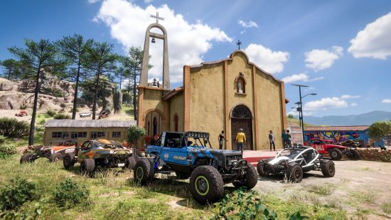 Best Xbox games: A group of cars next to a church in Mexico in Forza Horizon 5.