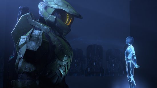 Best Xbox games: Master Chief looking down at Cortana in Halo Infinite.