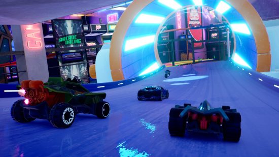 Best Xbox games: three cars and a motorbike racing around a neon-lit track in Hot Wheels Unleashed 2 Turbocharged