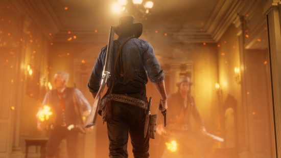 Best Xbox games: Arthur Morgan walking away from the camera inside a burning building in Red Dead Redemption 2.
