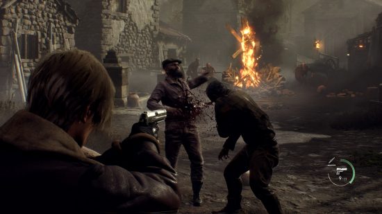 Best Xbox games: Leon aiming at two enraged villagers in Resident Evil 4 Remake.