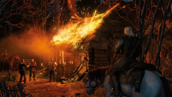 Best Xbox games: Geralt riding towards angry villagers setting a house on fire in The Witcher 3.