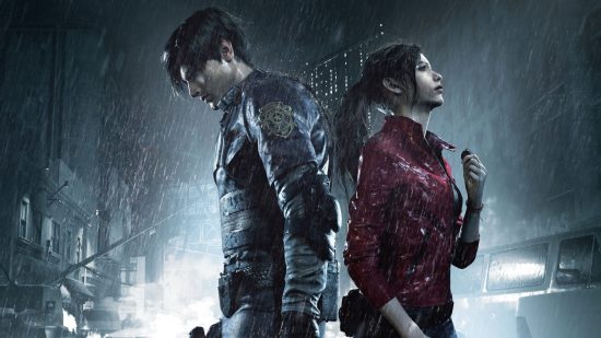 Best Xbox horror games: Leon and Claire standing in the rain in Resident Evil 2 remake