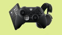 Best Xbox One accessories: Xbox Elite Series 2 controller in front of a WD_BLACK P10 HDD and a SteelSeries Arctis 9X headset