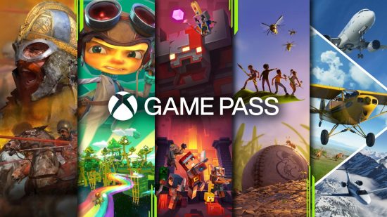 Best Xbox One accessories: Promotional art for Xbox Game Pass showing a variety of different games vertically-sliced with the Game Pass logo at the center.