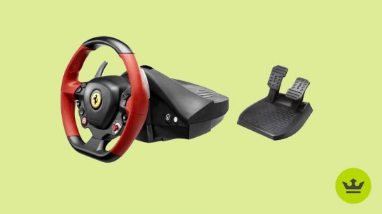 Best Xbox One accessories: The Thrustmaster Ferrari 458 Spider racing wheel against a light green background.