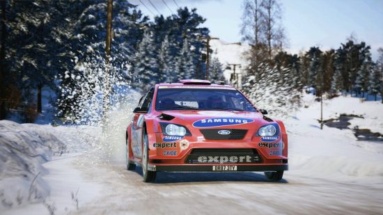Best Xbox racing games: a kitted-out red Ford rallying through the snow in EA Sports WRC
