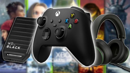 Best Xbox Series X accessories: From left to right, the WD Black C50 Expansion Card, Xbox Wireless Controller in black, and the Xbox Wireless Headset in black, set against a blurred background of Game Pass promotional art.