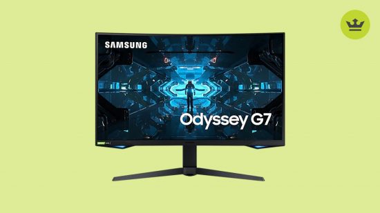 Best Xbox Series X monitors: Samsung Odyssey G7 monitor in front of a green background