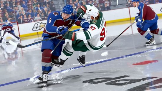 Best Xbox sports games: a player in a blue jersey knocks over another player in NHL 24