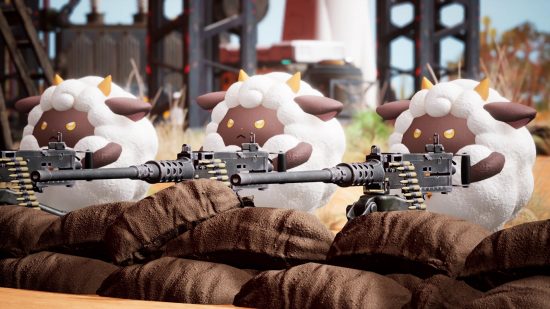 Best Xbox survival games: An image from Palworld showing sheep creatures aiming mounted machine guns on a sandbag wall.