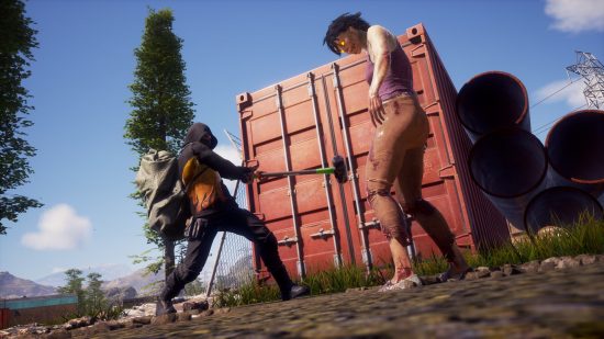 Best Xbox survival games: A character wearing a hooded jacket swinging a large hammer at a zombie next to a shipping container in State of Decay 2.