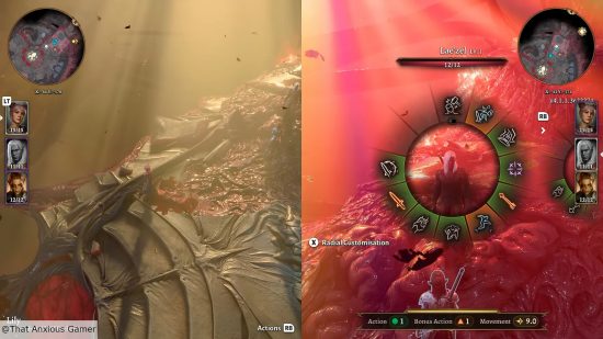 BG3 split-screen: Gameplay of split-screen Baldur's Gate 3, showing one player exploring on the left and the other looking at their action menu on the right.