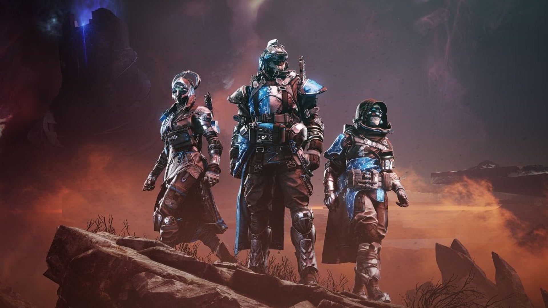 Destiny 2: Three guardians wearing brown armor sets stand on a rock surrounded by a red, dusty landscape