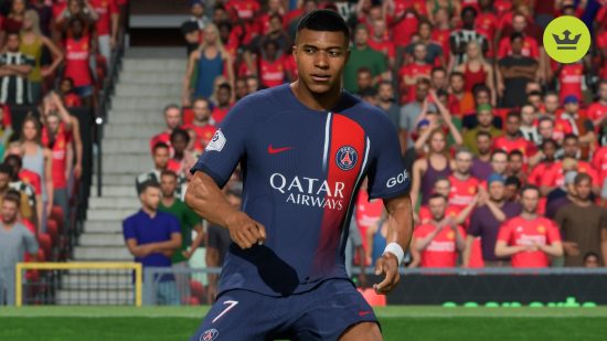 FC 24 Division Rivals rewards: Kylian Mbappe in the dark blue and red kit of PSG