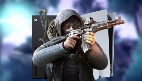 Is Escape from Tarkov coming to Xbox and PS5: EFT character holding an assault rifle in front of an Xbox and PS5