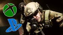 Escape From Tarkov Xbox PS5: two soldiers pointing their weapons with a green xbox logo and blue PlayStation logo floating next to them