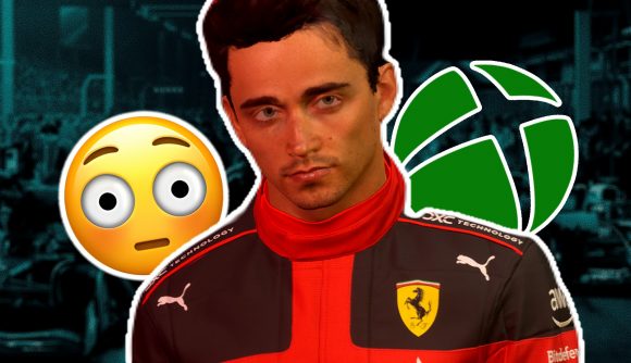 F1 Manager 2023 Xbox Game Pass: an image of Charles LeClerc from Ferrari and an Xbox logo
