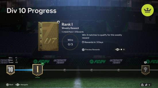 FC 24 Division Rivals rewards time: A schreenshot of an FC 24 menu showing a list of rewards and requirements next to a gold pack
