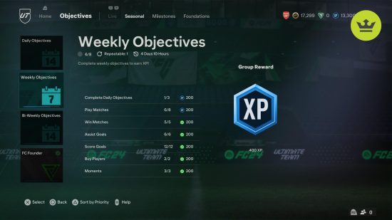 FC 24 XP: An in-game menu showing a list of weekly objectives in FC 24
