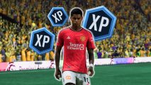 FC 24 XP: Rashford in a red united kit surrounded by floating blue XP symbols