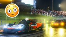 Forza Motorsport download size: an image of cars in the wet with a shocked emoji