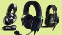 Gaming headset best mic: From left to right, the SteelSeries Arctis Nova Pro, the Razer BlackShark V2, and the EPOS H6Pro headsets against a light green background.