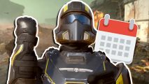 Helldivers 2 release date: A Helldiver with their right arm raised and fist clenched. A calendar icon is placed to the right of the image.