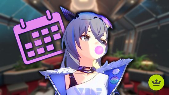 Honkai Star Rail banner schedule: Silver Wolf blowing pink bubble gum against a blurred background of the Astral Express, with a calendar icon behind her.